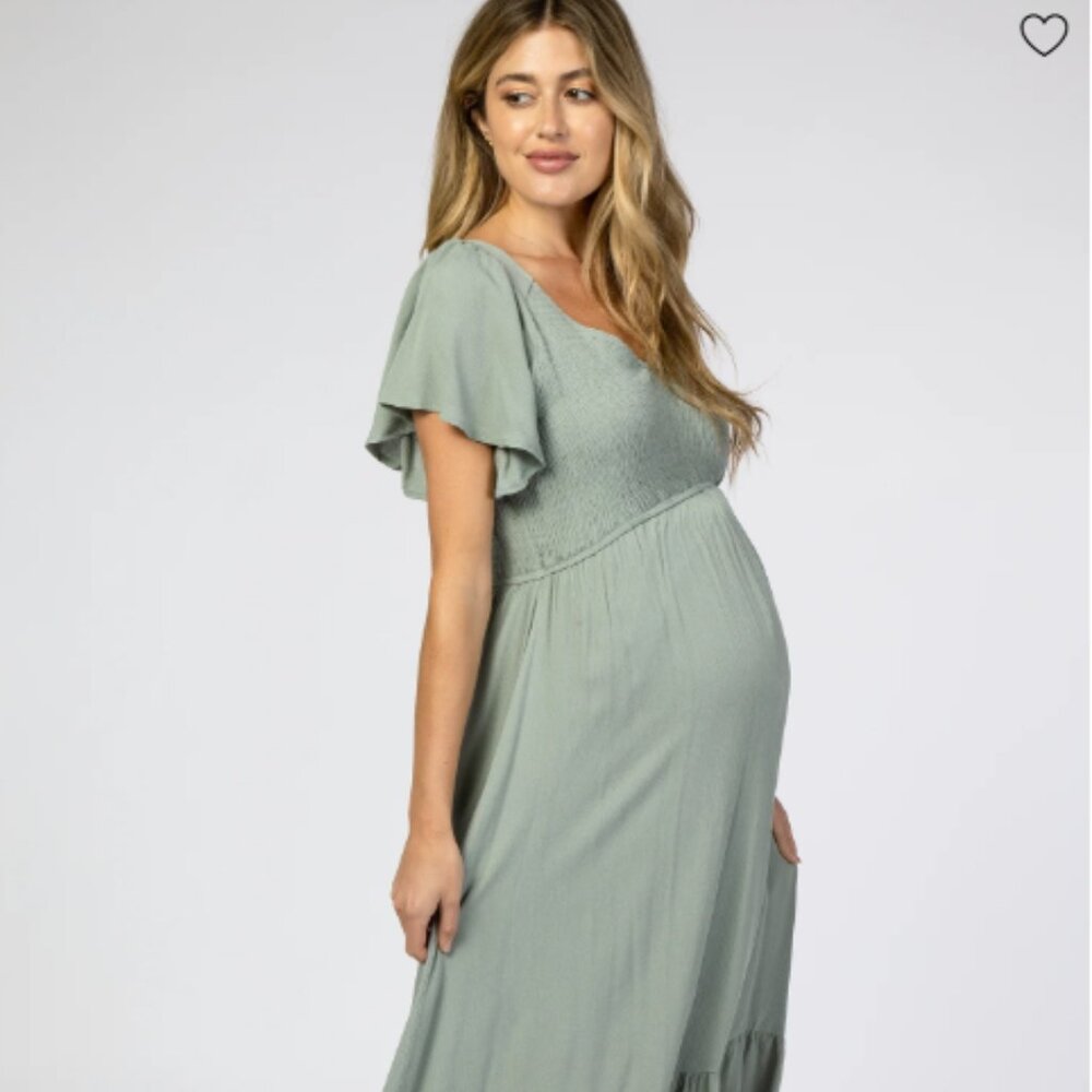 Light Olive Smocked V-Neck Maternity Midi Dress (Pinkblush - M)
